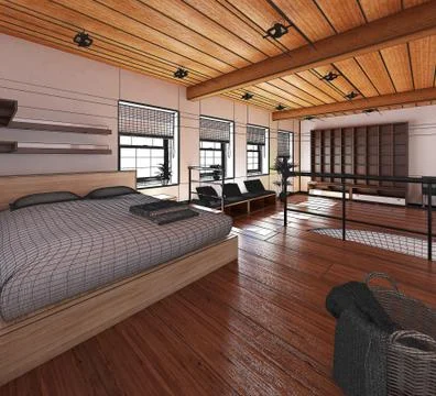 3D Interior rendering of a tiny loft イラスト素材