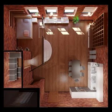 3D Interior rendering of a tiny loft Illustrazione stock