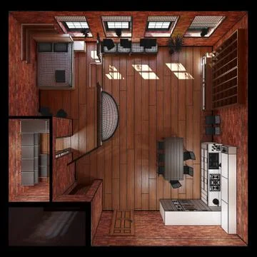 3D Interior rendering of a tiny loft Illustrazione stock