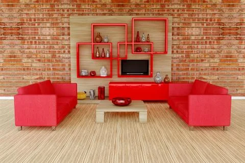 3d interior room with red sofa Stock Illustration