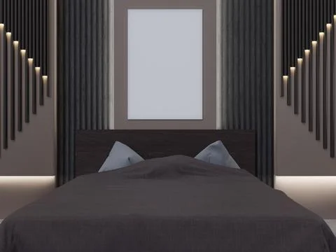 .3d interior of a spoon in the center with a poster template design on a wall Stock Illustration