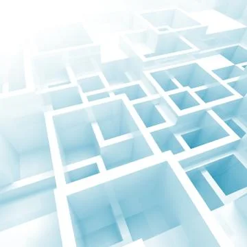 3d interior with white and blue chaotic square cells Illustrazione stock