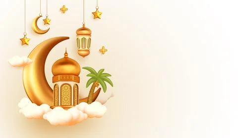 3d Islamic illustration background with mosque dome, crescent, moon star, l.. Ilustração Stock
