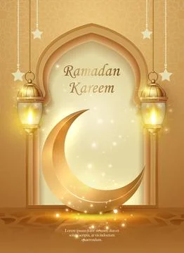 3D Islamic lantern crescent moon and curve arch shape background. suitable .. Stock Illustration