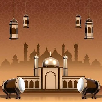 3D Islamic Ramadan Background with Mosque, Bedug Drums and Hanging Lanterns.. Illustrazione stock