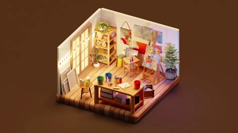 3D isometric animation loop of creative art studio with glowing garland Stock Footage 256685377
