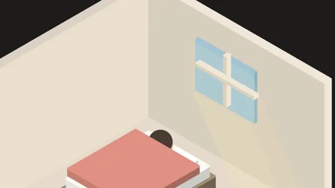 3D Isometric Animation Of Person Sleeping And Waking Up In Cozy Bedroom Stock Footage 340745286