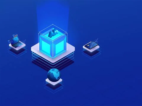 3D isometric AR cube connected with laptop, tablet and globe on shiny blue .. Illustrazione stock