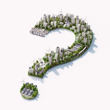 3d isometric artwork of question mark green city elements, trees, solar panels Stock Illustration
