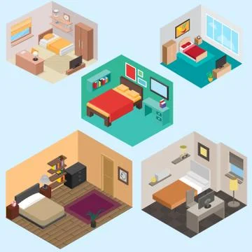 3d Isometric bedroom vector set Stock Illustration