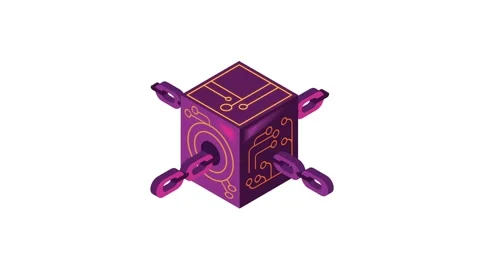 3d isometric blockchain cube with circuit patterns and chains connected, re.. Stock Footage 334162052