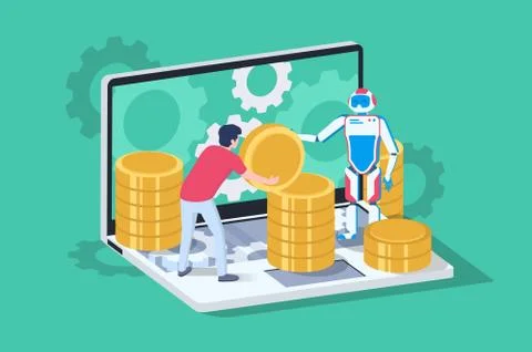 3d isometric blockchain ISO with server, laptop, bitcoin and man with support Stock Illustration