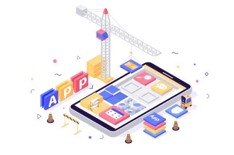 3d isometric build mobile application with search, message, setting, book icons イラスト素材