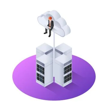 3d isometric businessman with laptop sitting on cloud Stock Illustration