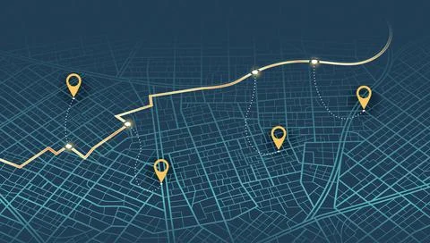 3D isometric city map with navigation route and location pins. Dark urban イラスト素材