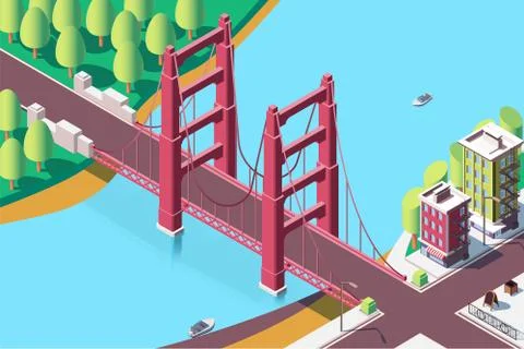 3d isometric classic new york bridge with urban landscape. Stock Illustration