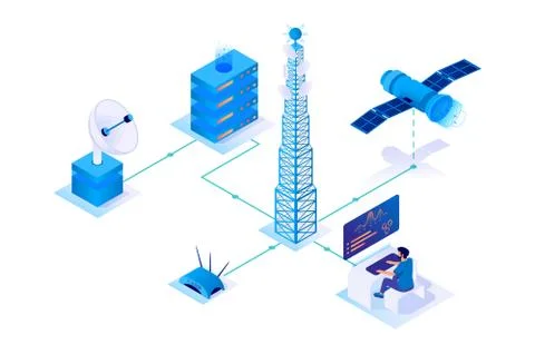 3d isometric communication network with satellite, wireless, servers. Illustrazione stock