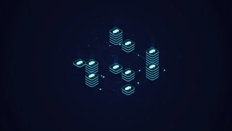 3D Isometric Cryptocurrency Network Animation with Glowing Bitcoin Server T.. Stock Footage 342019986