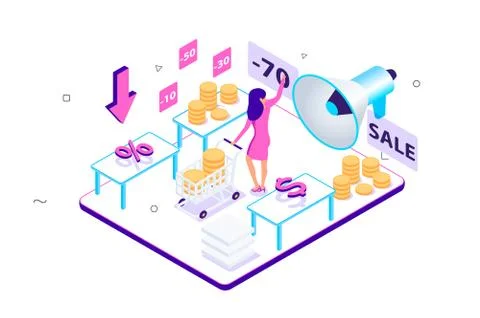 3d isometric customer experience with sales and coin. Stock Illustration