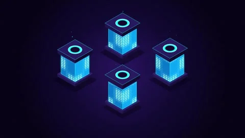 .3D Isometric Data Center Servers with Glowing Neon Blue Lights on Dark Grid. Stock Footage 342020005