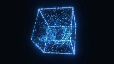 3D Isometric Data Cube with Glowing Network Mesh Spinning on Dark Background Stock Footage 335642807