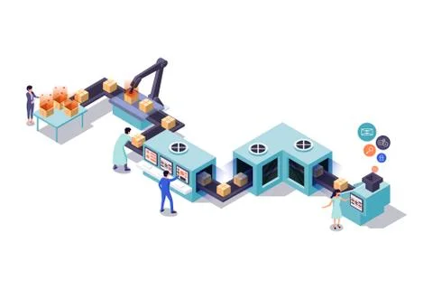 3d isometric employee pack boxes at conveyor work. Stock Illustration