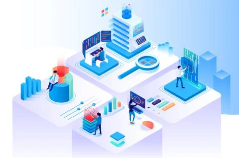 3d isometric extended data center with computers, diagram and information 스톡 일러스트