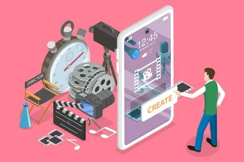 3D Isometric Flat Concept of Mobile Video Editing App, Motion Design Studi... Stock Photos