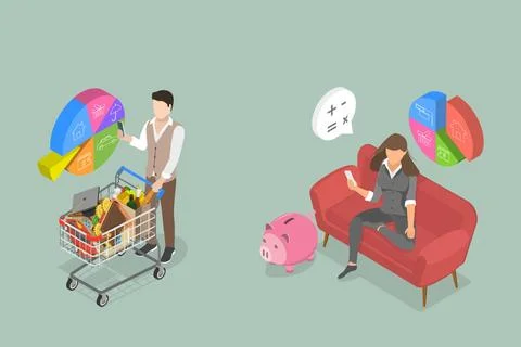 3D Isometric Flat Conceptual Illustration of Personal Home Finance, Budget... Stock Photos
