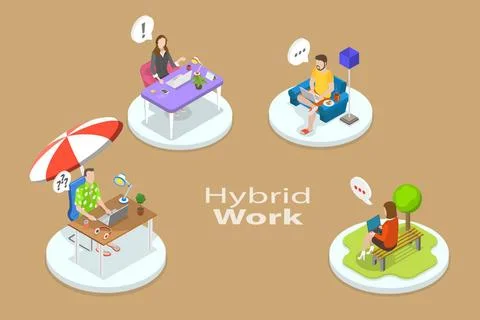 3D Isometric Flat Conceptual Illustration of Hybrid Work, Remote Workplace... Stock Photos