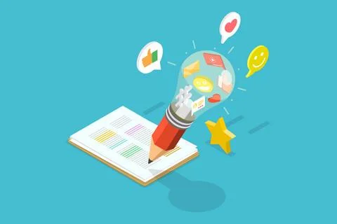3D Isometric Flat Conceptual Illustration of Creative Content Writing, Bus... Stock Photos