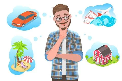3D Isometric Flat Conceptual Illustration of Man is Dreaming About Car, Se... Stock Photos