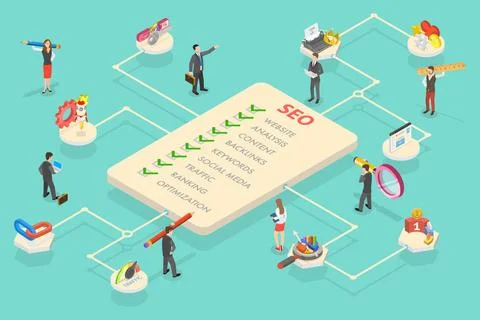 3D Isometric Flat Conceptual Illustration of SEO, Search Engine Ranking, W... Stock Photos