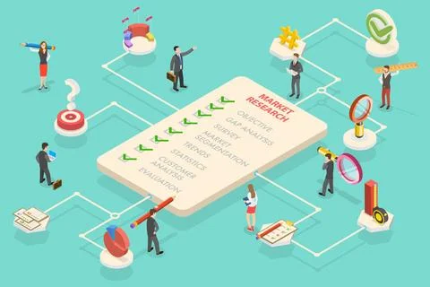 3D Isometric Flat Conceptual Illustration of Market Research Strategy, Fin... Stock Photos