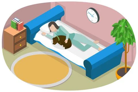 3D Isometric Flat Conceptual Illustration of Bedding With Dog, Lady Restin... Stock Photos