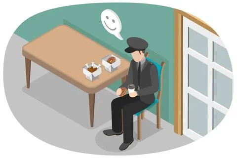 3D Isometric Flat Conceptual Illustration of Security Guard Having Lunch, ... Stock Photos