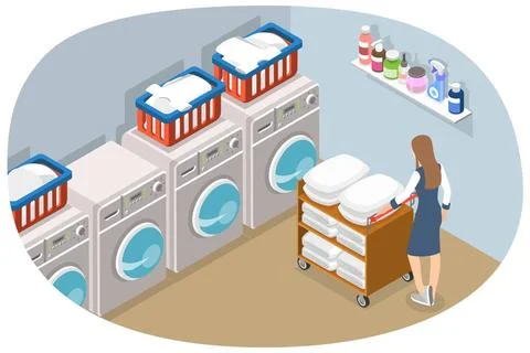 3D Isometric Flat Conceptual Illustration of Hotel Laundry Staff, Cleaning... Stock Photos