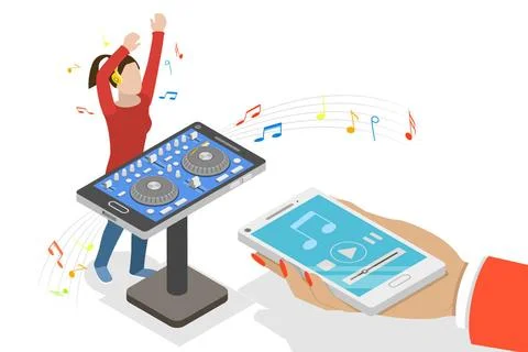 3D Isometric Flat Conceptual Illustration of Girl dj with Mixer Console, E... Stock Photos