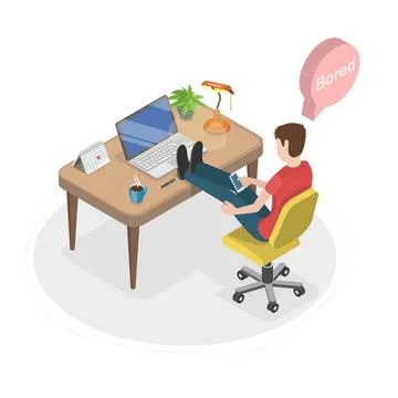 3D Isometric Flat Conceptual Illustration of Boredom In Workplace, Unmotiv... Stock Photos