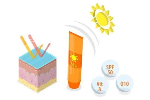 3D Isometric Flat Conceptual Illustration of Sun Rays Protection Cream, Mo... Stock Photos