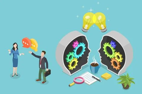 3D Isometric Flat Conceptual Illustration of Idea Sharing, Collective Solv... 库存照片
