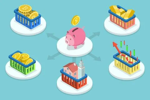 3D Isometric Flat Conceptual Illustration of Asset Diversification, Risiko... Stock Photos
