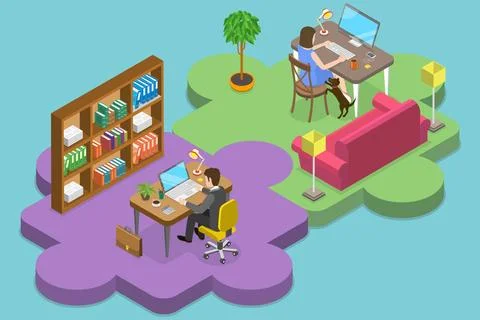 3D Isometric Flat Conceptual Illustration of Hybrid Team, Remote Work From... Stock Photos