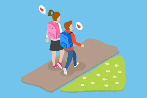 3D Isometric Flat Conceptual Illustration of Two Children Characters , Bru... Stock Photos