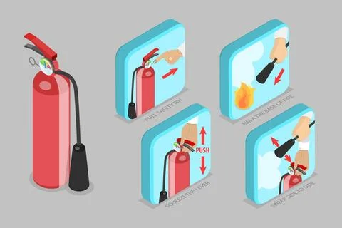 3D Isometric Flat Conceptual Illustration of How To Use A Fire Extinguishe... Stock Photos