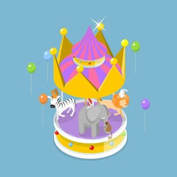 3D Isometric Flat Icon of Carnival Carousel, Amusement Park Entertainment Stock Photos