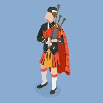 3D Isometric Flat Icon of Scottish Bagpiper, Character in National Clothes... Stock Photos