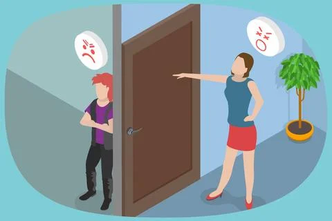 3D Isometric Flat Illustration of Adolescence, Conflict Between Mother and... Stock Photos