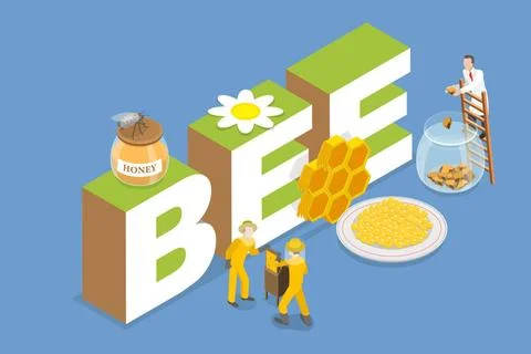 3D Isometric Flat Illustration of Bee and Honey Production, Beekeeping Ind... Stock Photos