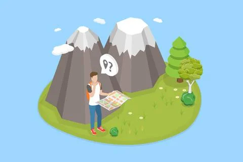 3D Isometric Flat Illustration of Being Lost Outdoors, Dangerous Circumsta... Stock Photos